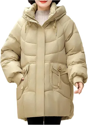 Women's Windproof Quilted Puffer Jackets Winter Warm Padded Down Coats Plus Size Drawstring Hooded Jacket with Pocket