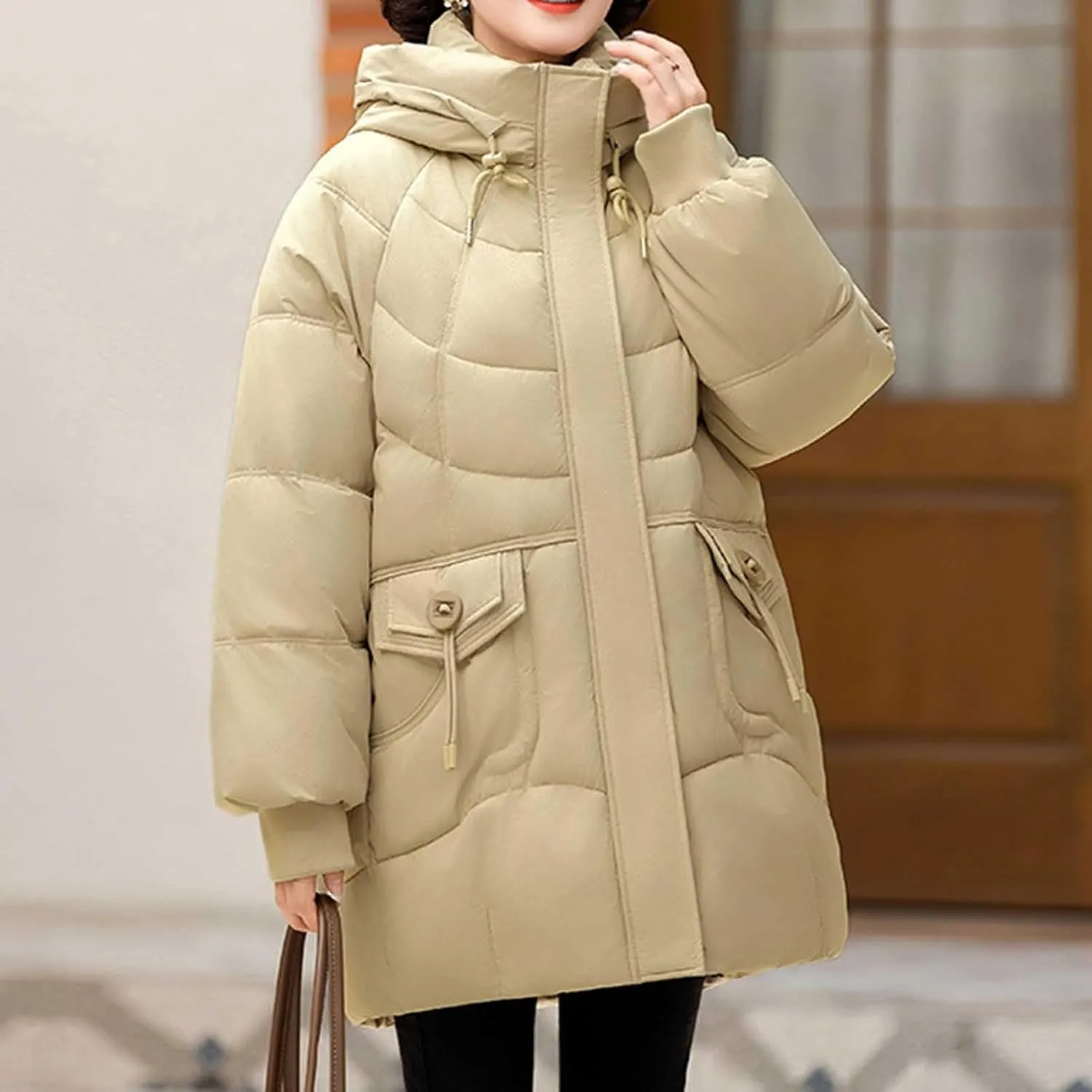 Women's Windproof Quilted Puffer Jackets Winter Warm Padded Down Coats Plus Size Drawstring Hooded Jacket with Pocket