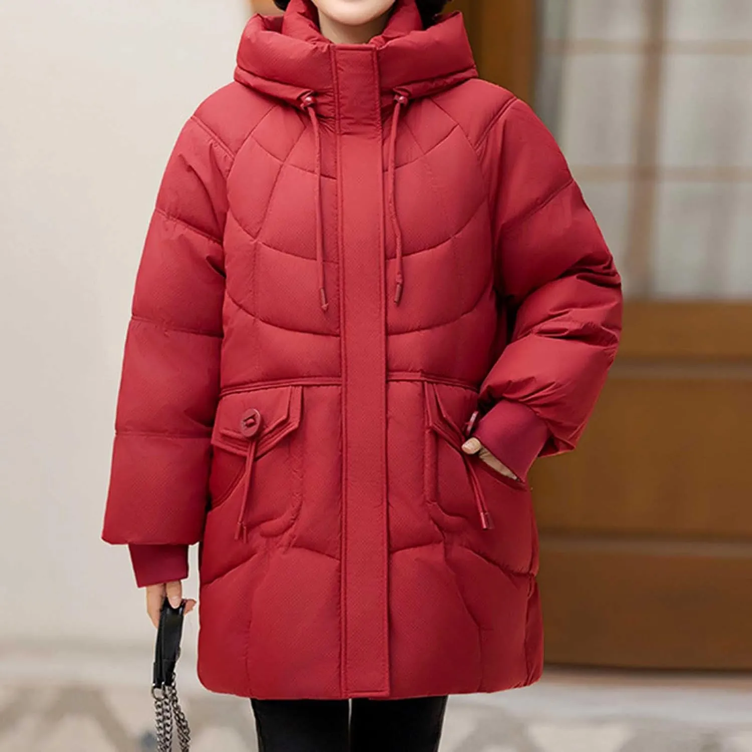 Women's Windproof Quilted Puffer Jackets Winter Warm Padded Down Coats Plus Size Drawstring Hooded Jacket with Pocket