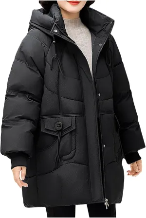 Women's Windproof Quilted Puffer Jackets Winter Warm Padded Down Coats Plus Size Drawstring Hooded Jacket with Pocket