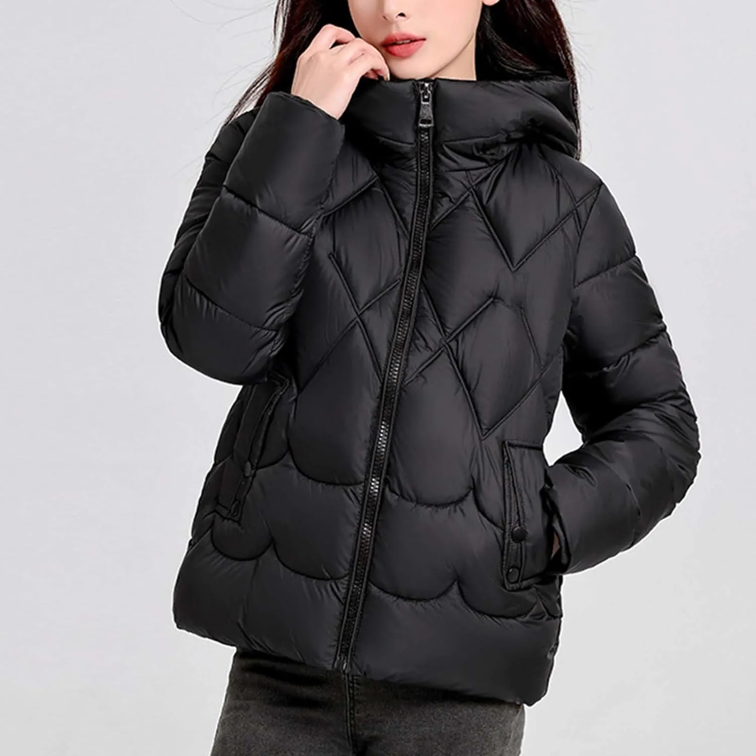 Women's Winter Thickened Down Puffer Jackets Fashion Windproof Padded Quilted Coats Thermal Long Sleeve Hooded Jacket