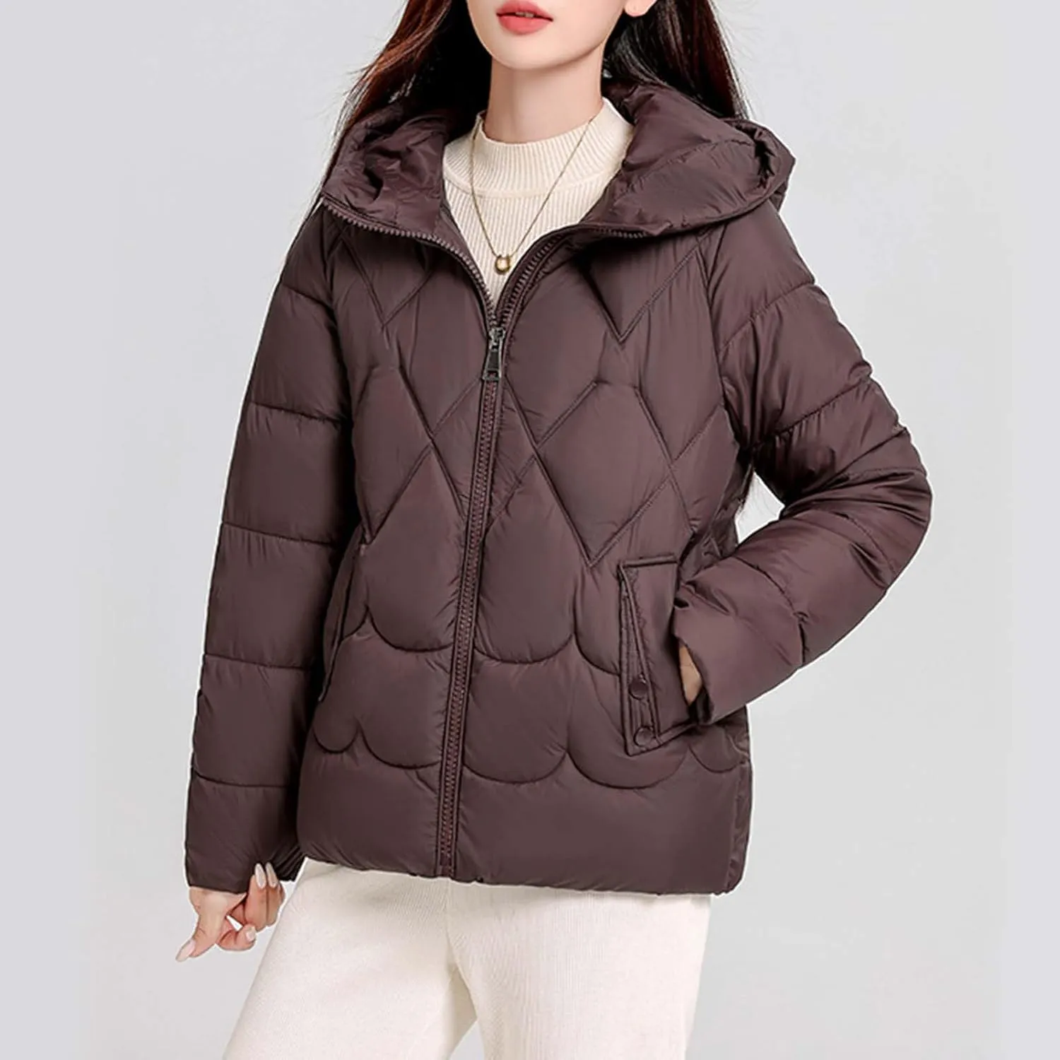 Women's Winter Thickened Down Puffer Jackets Fashion Windproof Padded Quilted Coats Thermal Long Sleeve Hooded Jacket