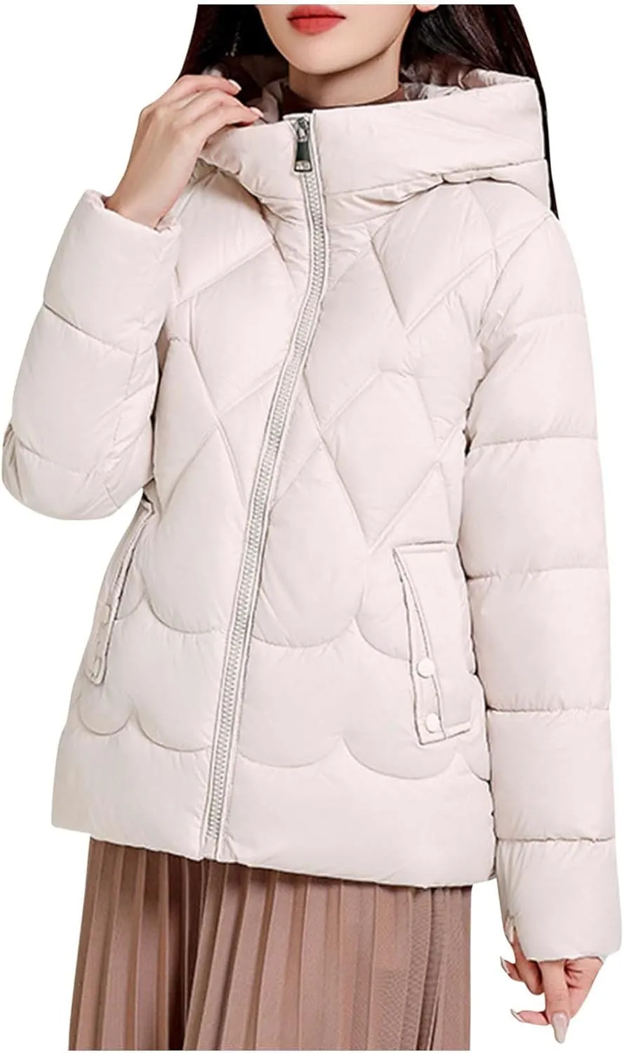 Women's Winter Thickened Down Puffer Jackets Fashion Windproof Padded Quilted Coats Thermal Long Sleeve Hooded Jacket