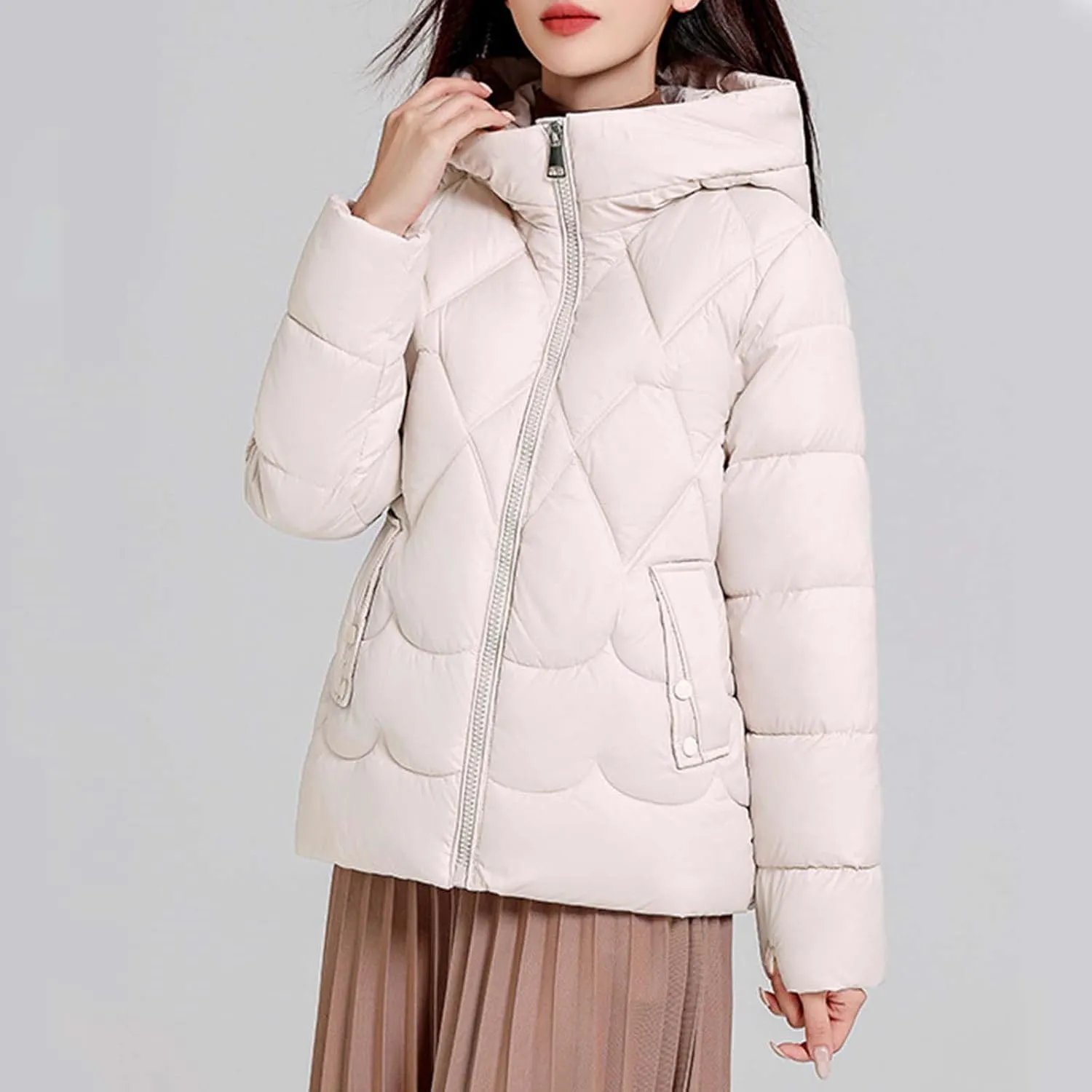 Women's Winter Thickened Down Puffer Jackets Fashion Windproof Padded Quilted Coats Thermal Long Sleeve Hooded Jacket