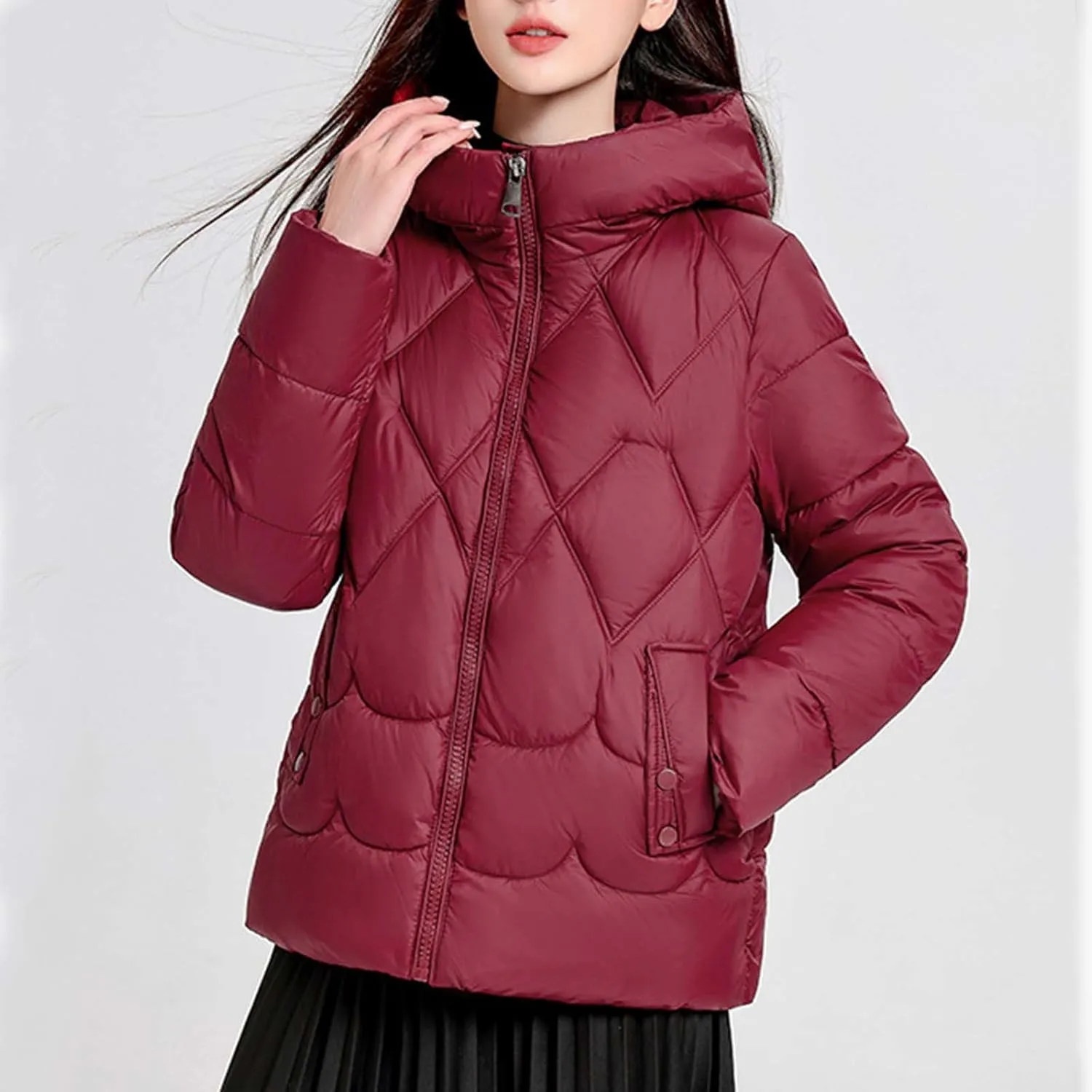 Women's Winter Thickened Down Puffer Jackets Fashion Windproof Padded Quilted Coats Thermal Long Sleeve Hooded Jacket