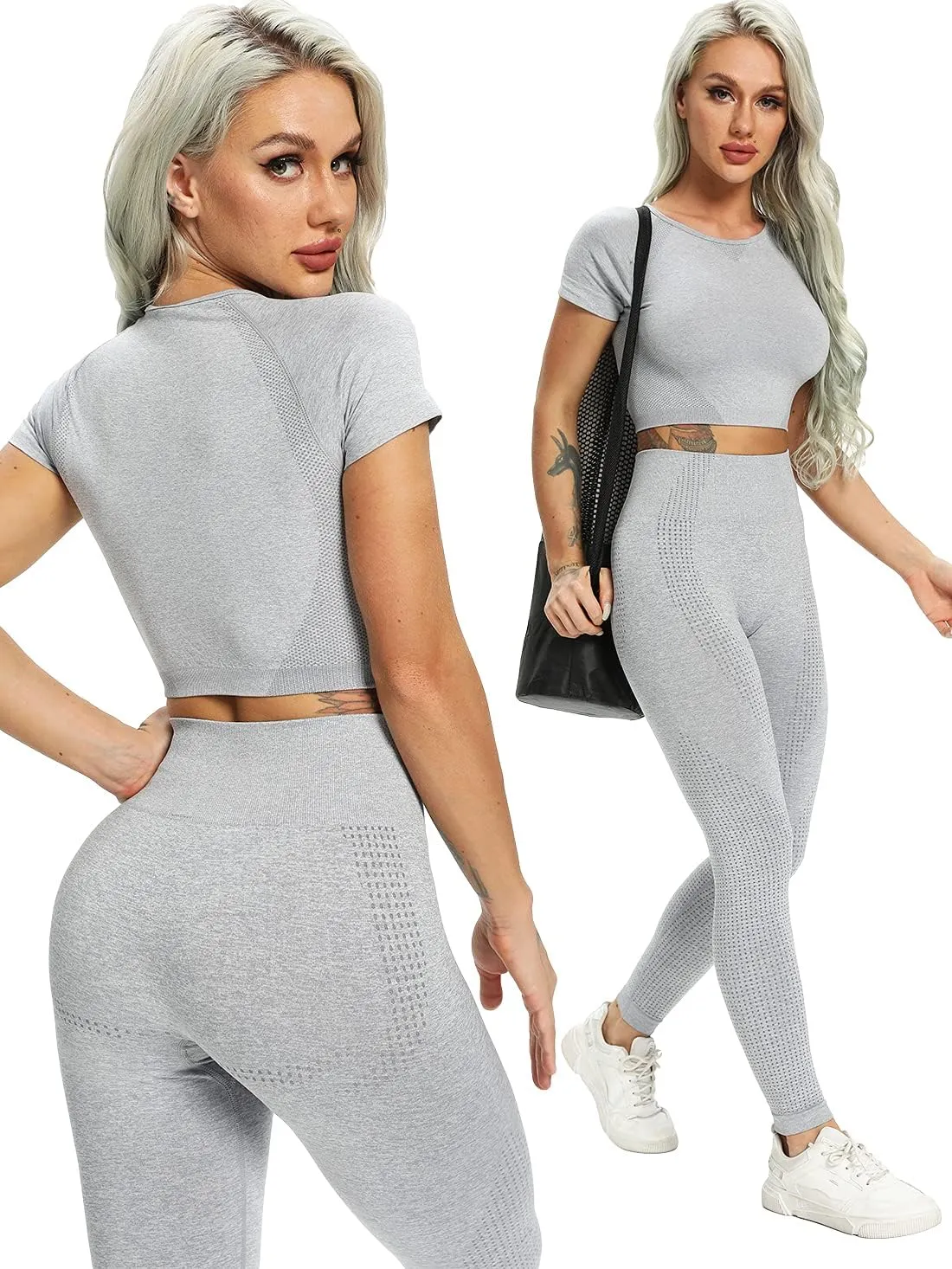 Women's Workout Outfit 2 Pieces Seamless High Waist Yoga Leggings with Long Sleeve Crop Top Gym Clothes Set