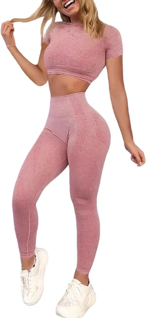 Women's Workout Outfit 2 Pieces Seamless High Waist Yoga Leggings with Long Sleeve Crop Top Gym Clothes Set