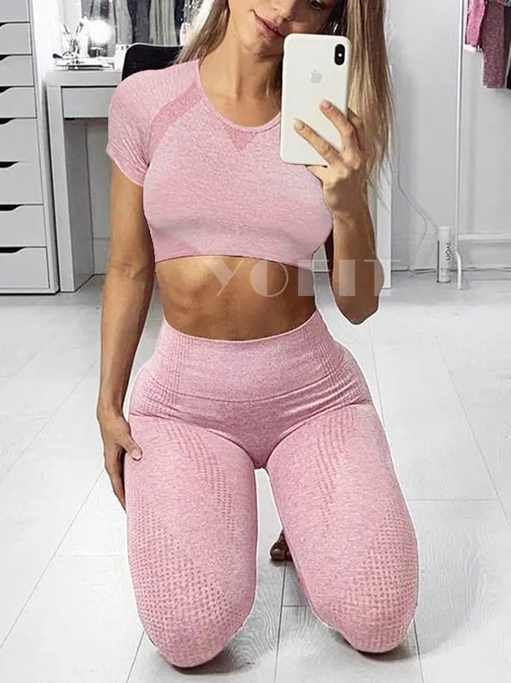 Women's Workout Outfit 2 Pieces Seamless High Waist Yoga Leggings with Long Sleeve Crop Top Gym Clothes Set