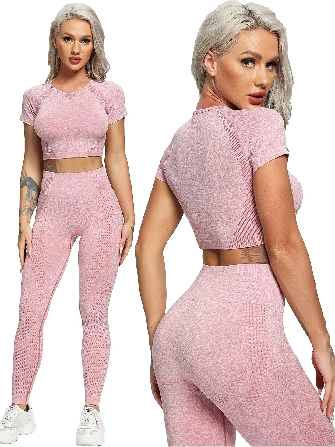 Women's Workout Outfit 2 Pieces Seamless High Waist Yoga Leggings with Long Sleeve Crop Top Gym Clothes Set
