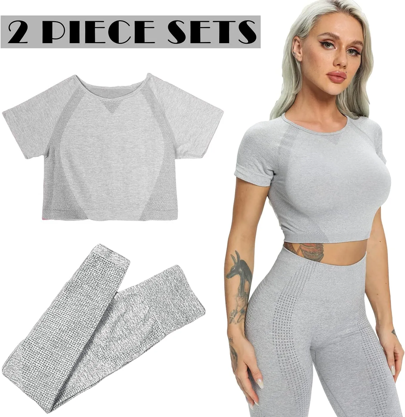 Women's Workout Outfit 2 Pieces Seamless High Waist Yoga Leggings with Long Sleeve Crop Top Gym Clothes Set