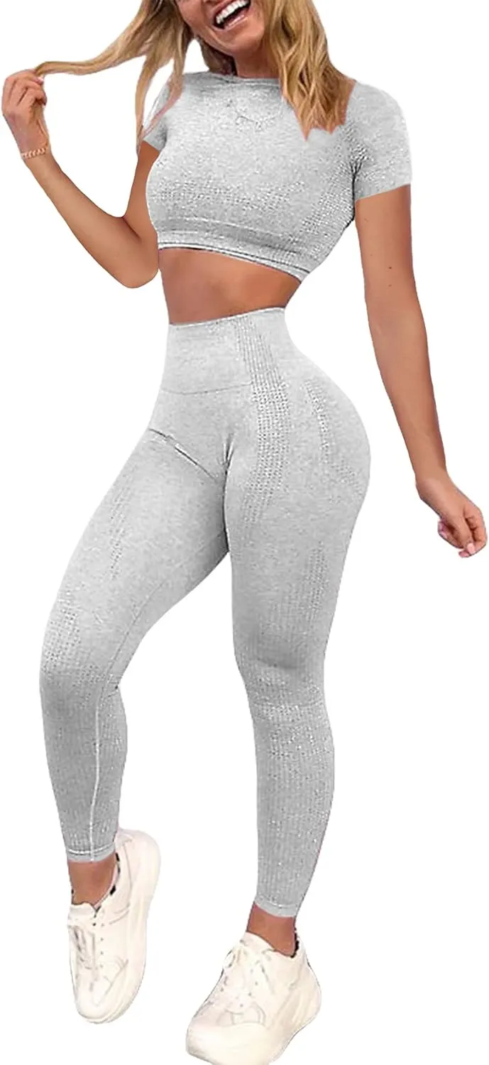 Women's Workout Outfit 2 Pieces Seamless High Waist Yoga Leggings with Long Sleeve Crop Top Gym Clothes Set