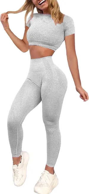 Women's Workout Outfit 2 Pieces Seamless High Waist Yoga Leggings with Long Sleeve Crop Top Gym Clothes Set