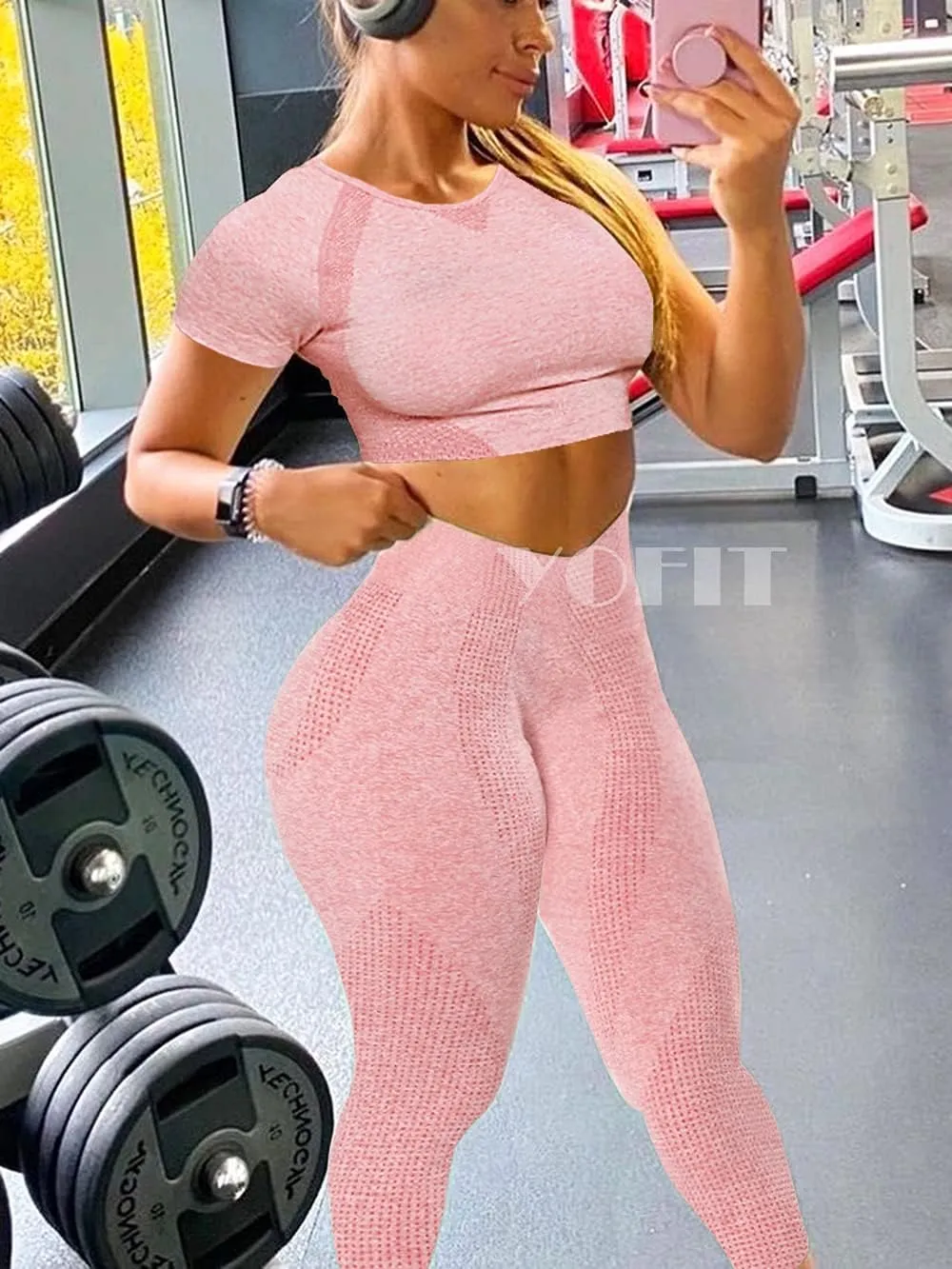 Women's Workout Outfit 2 Pieces Seamless High Waist Yoga Leggings with Long Sleeve Crop Top Gym Clothes Set