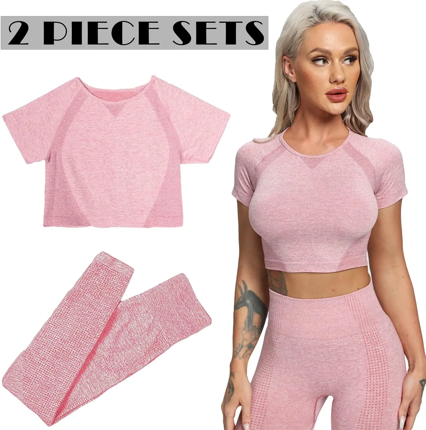 Women's Workout Outfit 2 Pieces Seamless High Waist Yoga Leggings with Long Sleeve Crop Top Gym Clothes Set