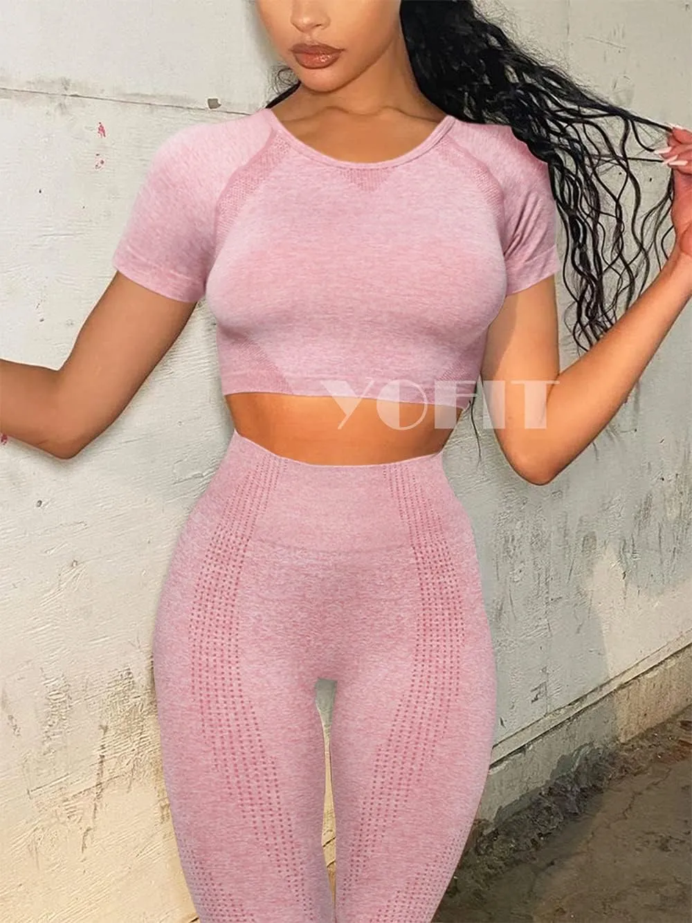 Women's Workout Outfit 2 Pieces Seamless High Waist Yoga Leggings with Long Sleeve Crop Top Gym Clothes Set