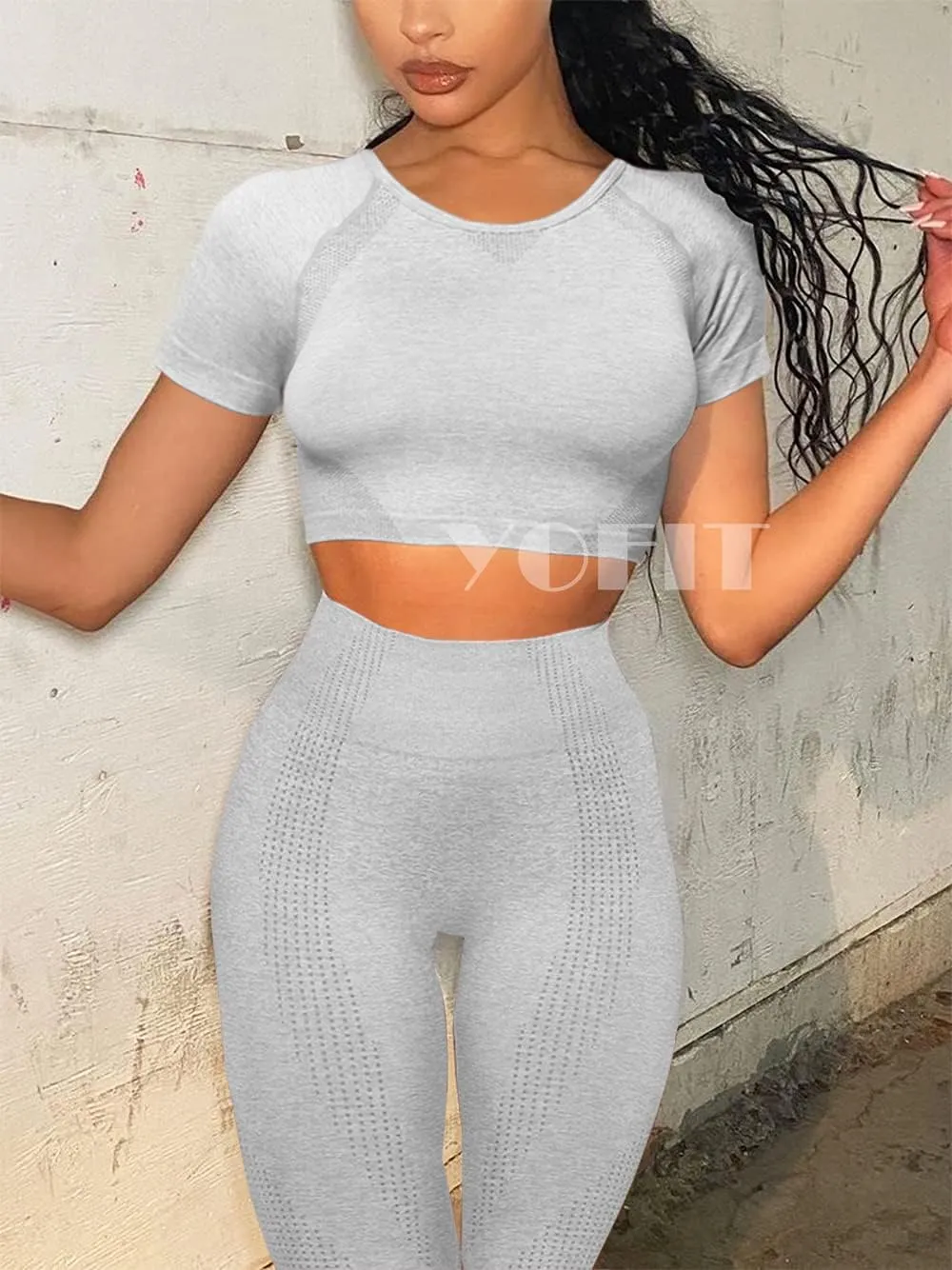 Women's Workout Outfit 2 Pieces Seamless High Waist Yoga Leggings with Long Sleeve Crop Top Gym Clothes Set