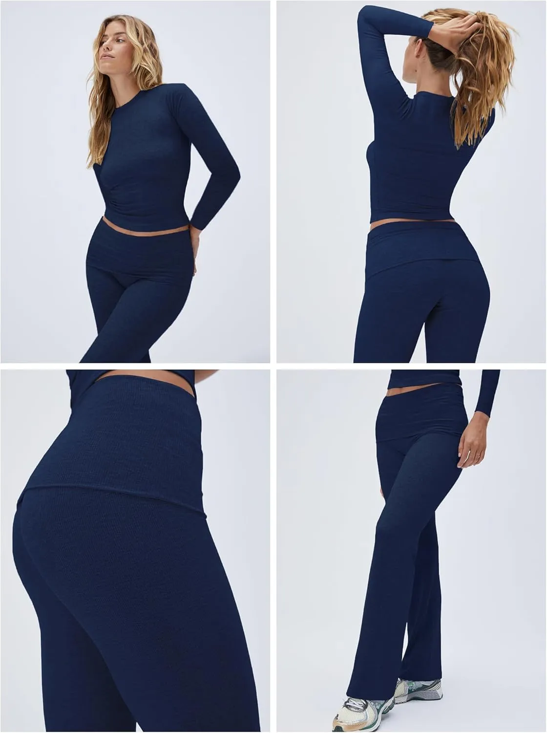 Workout 2 Piece Set Outfits for Women Fold-over Flare Pants Set Lounge Ribbed Knit Pajamas Set Leggings Sets