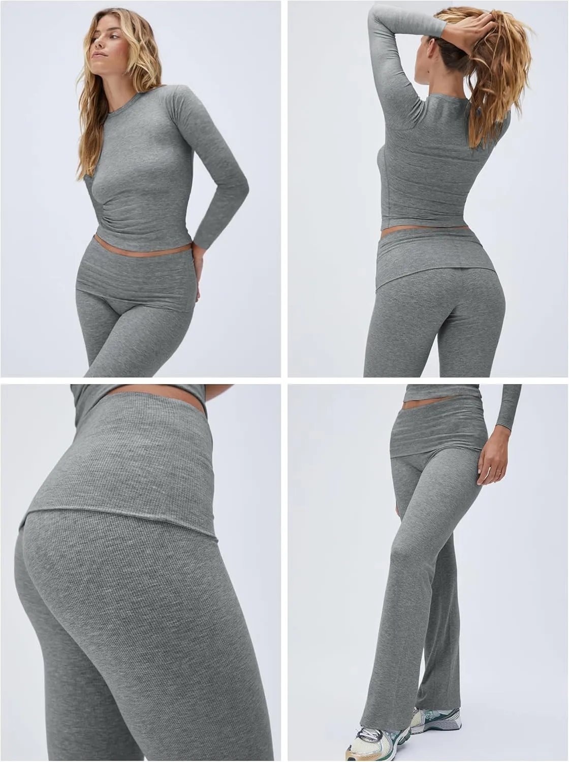 Workout 2 Piece Set Outfits for Women Fold-over Flare Pants Set Lounge Ribbed Knit Pajamas Set Leggings Sets