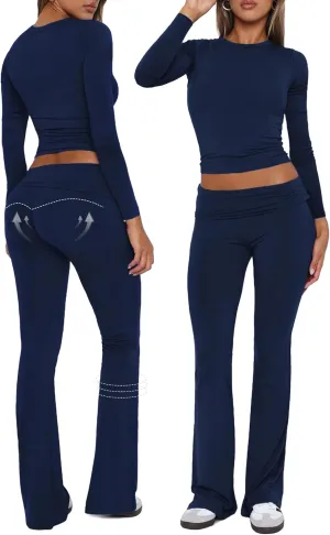 Workout 2 Piece Set Outfits for Women Fold-over Flare Pants Set Lounge Ribbed Knit Pajamas Set Leggings Sets