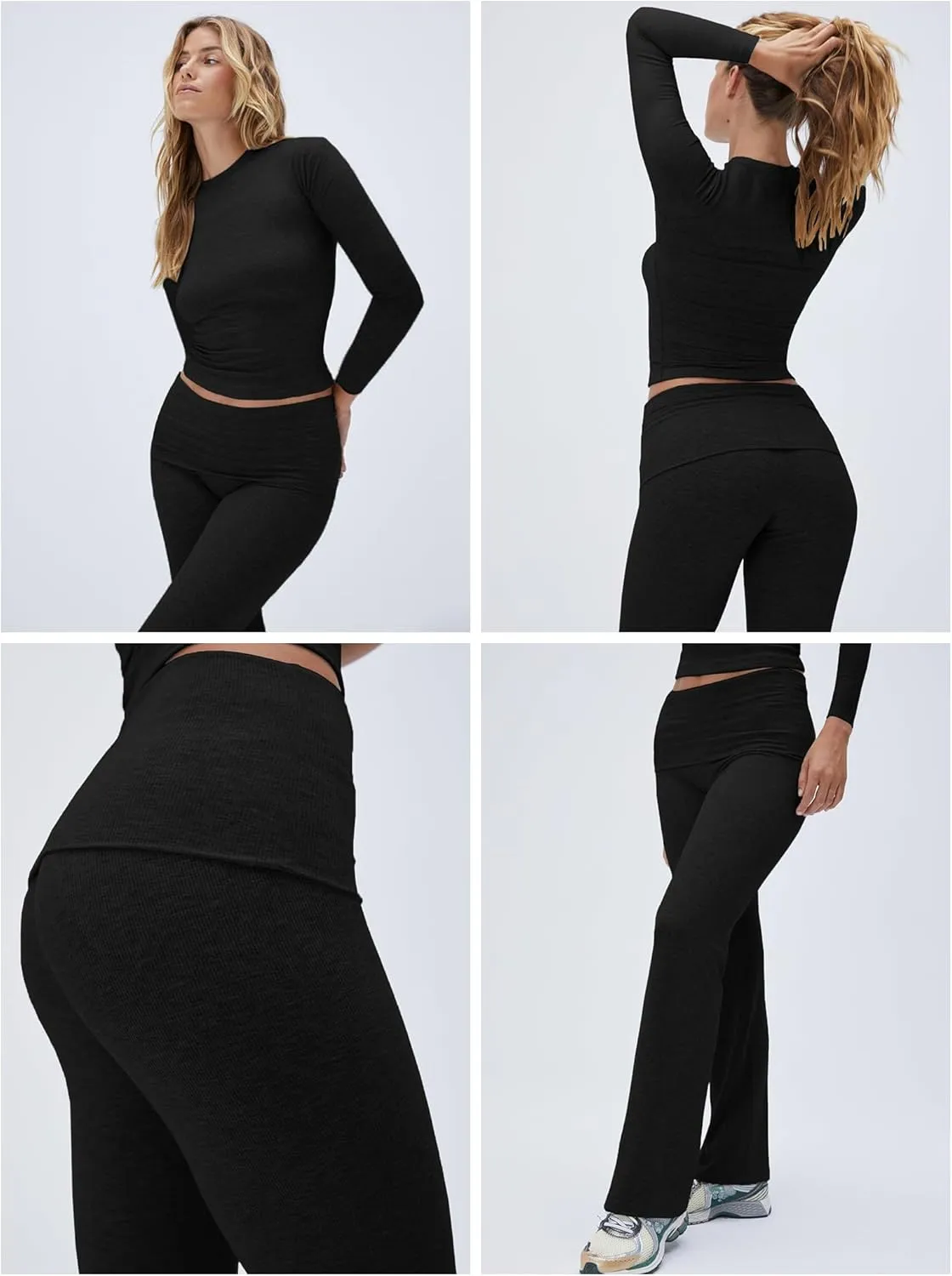 Workout 2 Piece Set Outfits for Women Fold-over Flare Pants Set Lounge Ribbed Knit Pajamas Set Leggings Sets