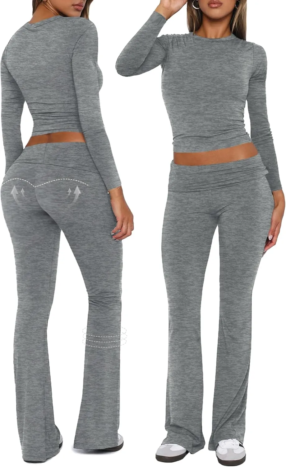 Workout 2 Piece Set Outfits for Women Fold-over Flare Pants Set Lounge Ribbed Knit Pajamas Set Leggings Sets