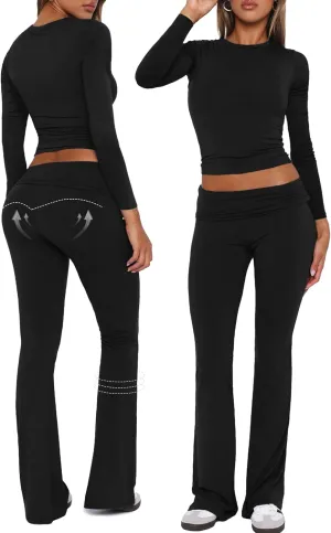 Workout 2 Piece Set Outfits for Women Fold-over Flare Pants Set Lounge Ribbed Knit Pajamas Set Leggings Sets
