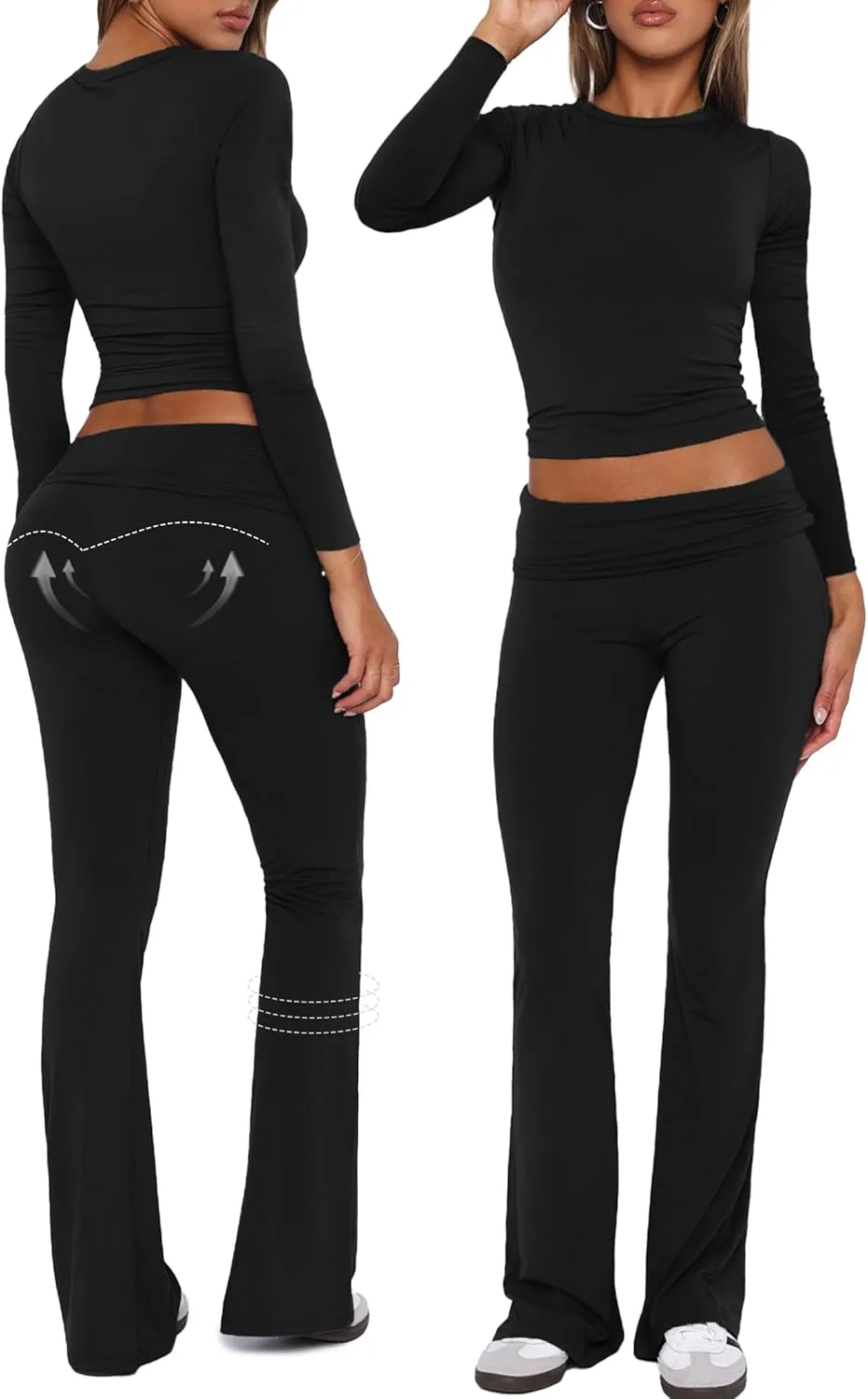 Workout 2 Piece Set Outfits for Women Fold-over Flare Pants Set Lounge Ribbed Knit Pajamas Set Leggings Sets