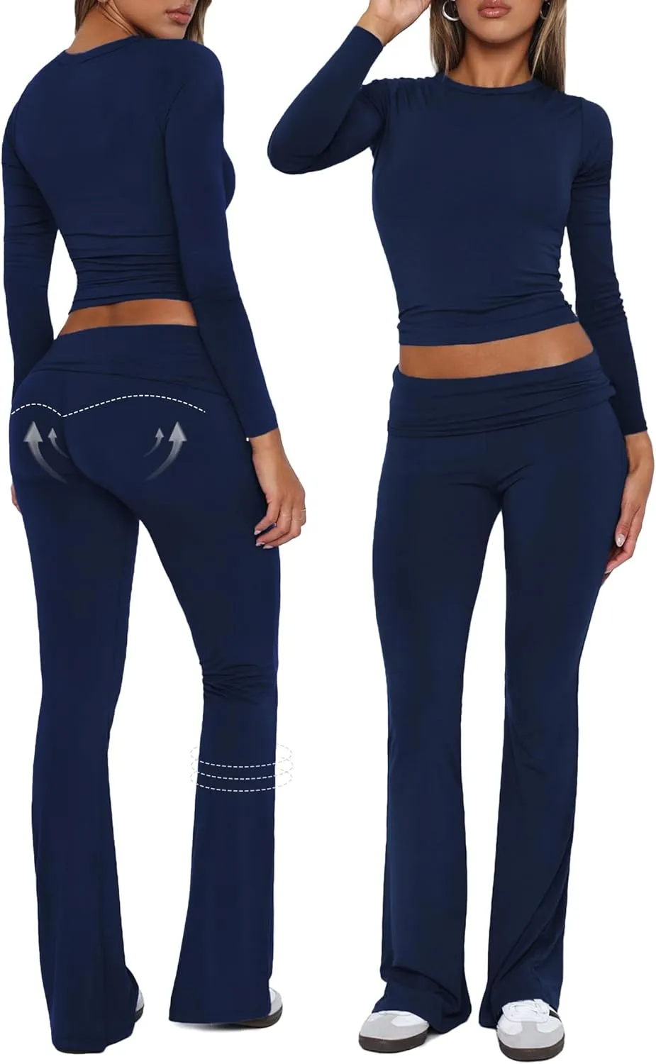 Workout 2 Piece Set Outfits for Women Fold-over Flare Pants Set Lounge Ribbed Knit Pajamas Set Leggings Sets