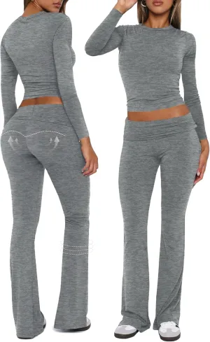 Workout 2 Piece Set Outfits for Women Fold-over Flare Pants Set Lounge Ribbed Knit Pajamas Set Leggings Sets