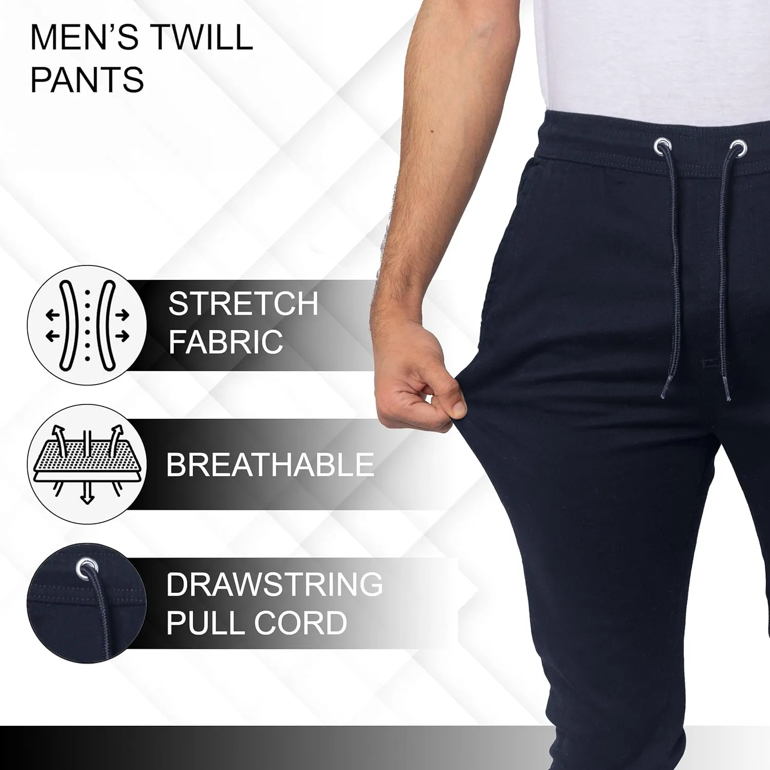 XS Apparel Joggers for Men 3 Pack: Casual Slim Twill Mens Joggers with Pockets, Elastic Drawstring Mens Dress Pants (S-XL)