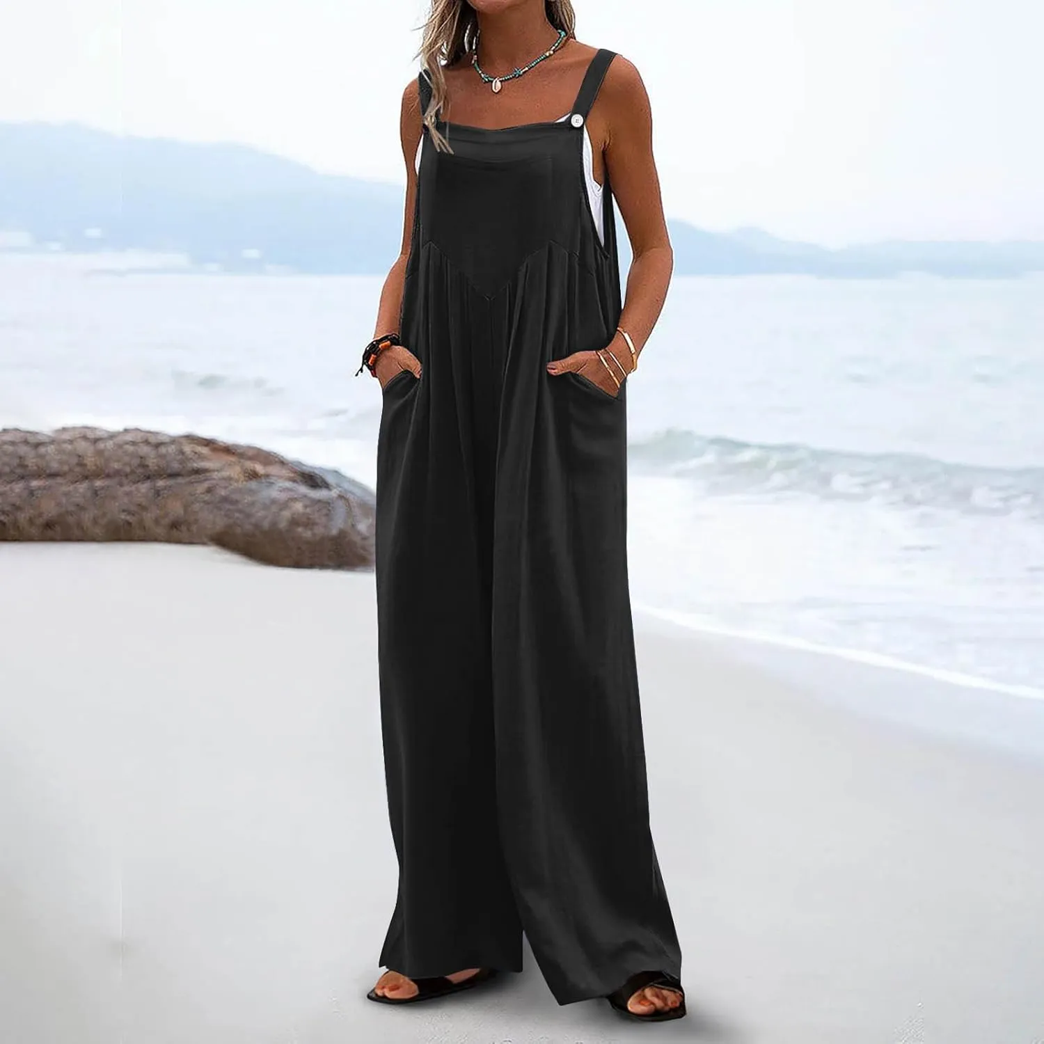 YRAETENM Overalls for Women Summer Boho Casual Wide Leg Jumpsuits Loose Floral Print Baggy Rompers Beach Outfits with Pockets