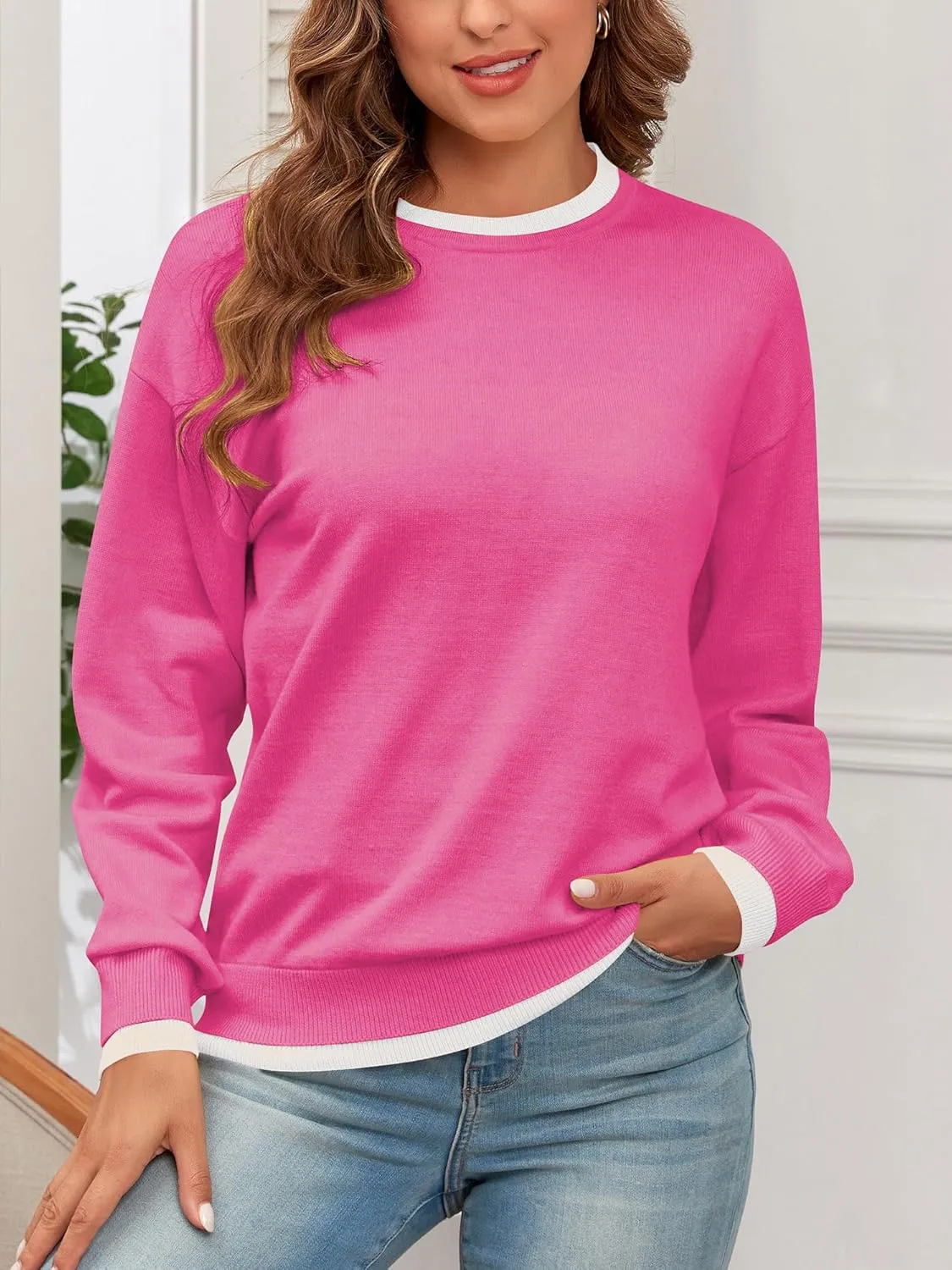 ZAFUL Women's Crewneck Sweaters Striped Colorblock Casual Pullover 2024 Fall Ribbed Knit Tops