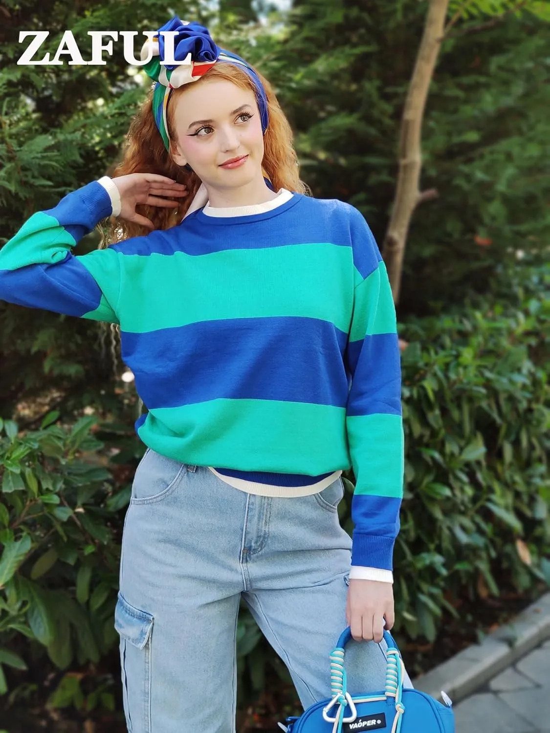 ZAFUL Women's Crewneck Sweaters Striped Colorblock Casual Pullover 2024 Fall Ribbed Knit Tops
