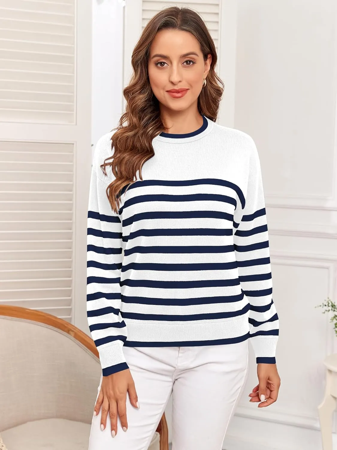 ZAFUL Women's Crewneck Sweaters Striped Colorblock Casual Pullover 2024 Fall Ribbed Knit Tops