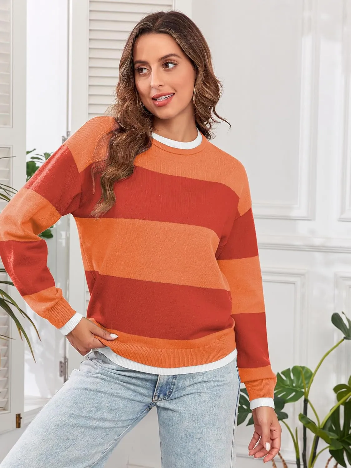 ZAFUL Women's Crewneck Sweaters Striped Colorblock Casual Pullover 2024 Fall Ribbed Knit Tops