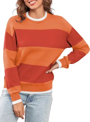 ZAFUL Women's Crewneck Sweaters Striped Colorblock Casual Pullover 2024 Fall Ribbed Knit Tops