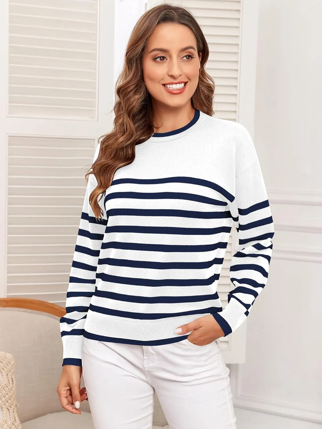 ZAFUL Women's Crewneck Sweaters Striped Colorblock Casual Pullover 2024 Fall Ribbed Knit Tops