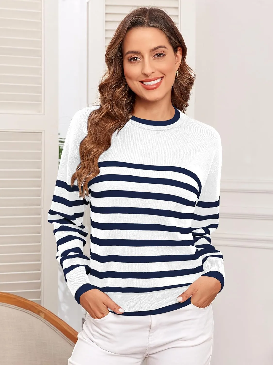 ZAFUL Women's Crewneck Sweaters Striped Colorblock Casual Pullover 2024 Fall Ribbed Knit Tops