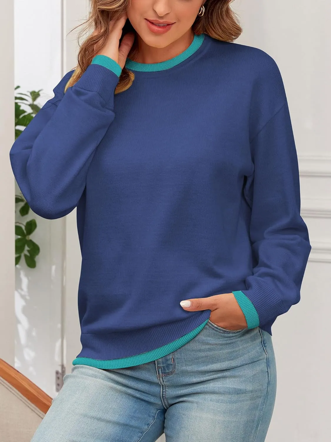 ZAFUL Women's Crewneck Sweaters Striped Colorblock Casual Pullover 2024 Fall Ribbed Knit Tops