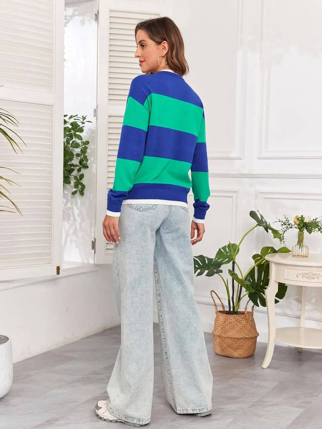 ZAFUL Women's Crewneck Sweaters Striped Colorblock Casual Pullover 2024 Fall Ribbed Knit Tops