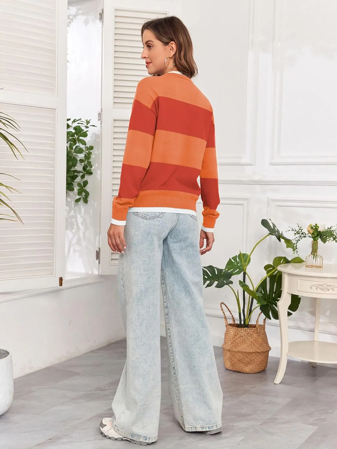 ZAFUL Women's Crewneck Sweaters Striped Colorblock Casual Pullover 2024 Fall Ribbed Knit Tops