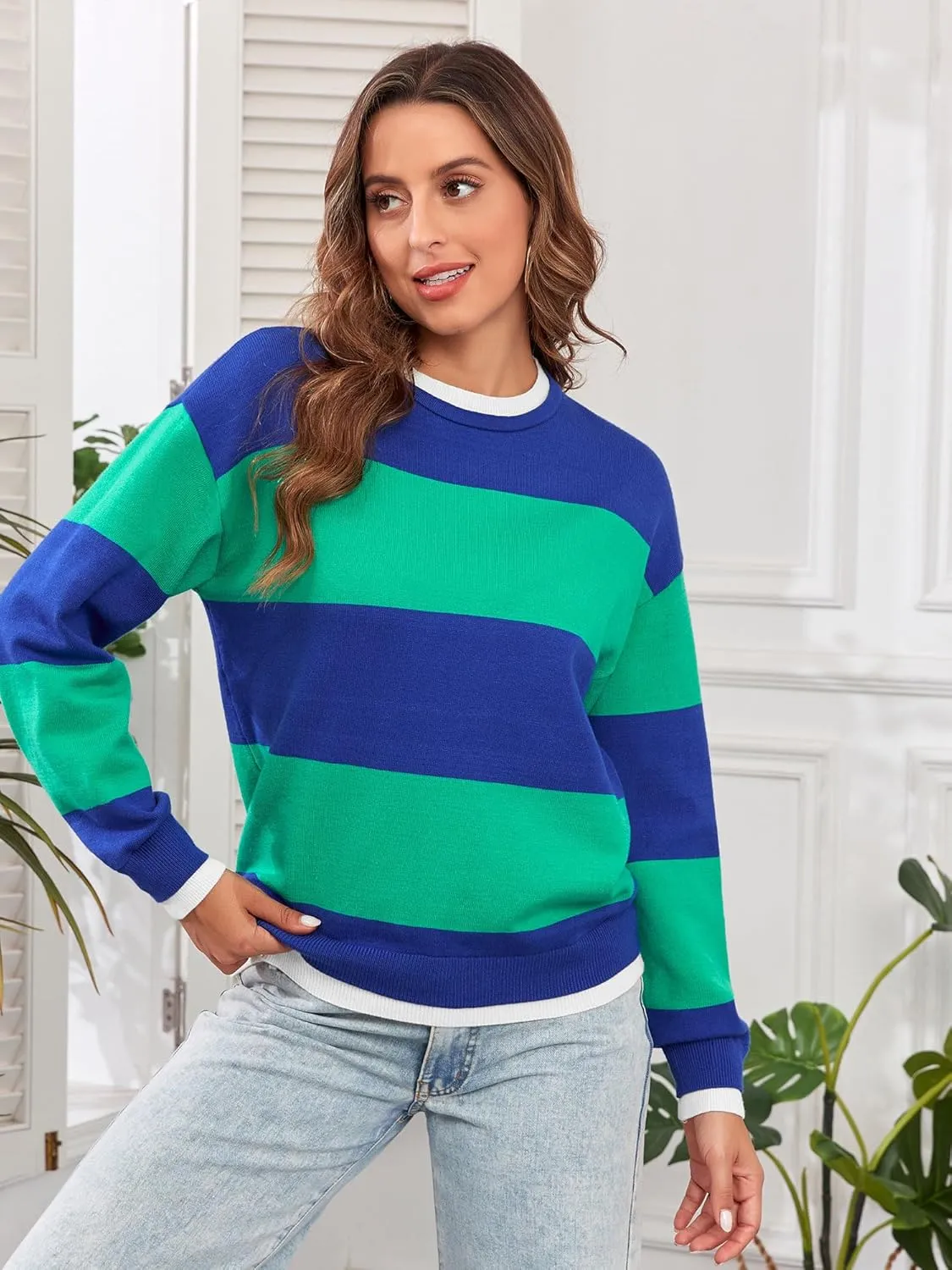ZAFUL Women's Crewneck Sweaters Striped Colorblock Casual Pullover 2024 Fall Ribbed Knit Tops