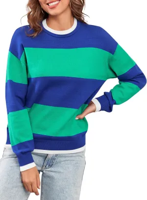 ZAFUL Women's Crewneck Sweaters Striped Colorblock Casual Pullover 2024 Fall Ribbed Knit Tops