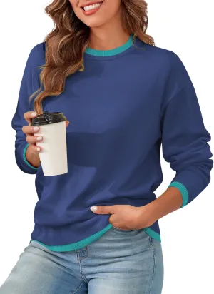 ZAFUL Women's Crewneck Sweaters Striped Colorblock Casual Pullover 2024 Fall Ribbed Knit Tops