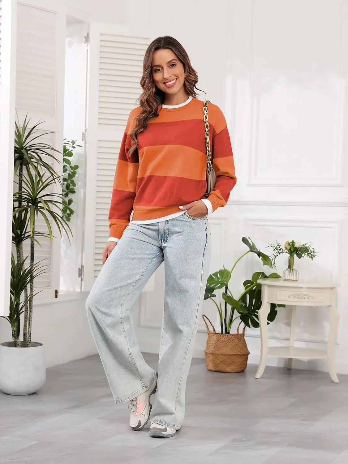 ZAFUL Women's Crewneck Sweaters Striped Colorblock Casual Pullover 2024 Fall Ribbed Knit Tops