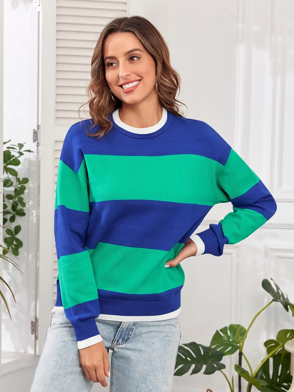 ZAFUL Women's Crewneck Sweaters Striped Colorblock Casual Pullover 2024 Fall Ribbed Knit Tops