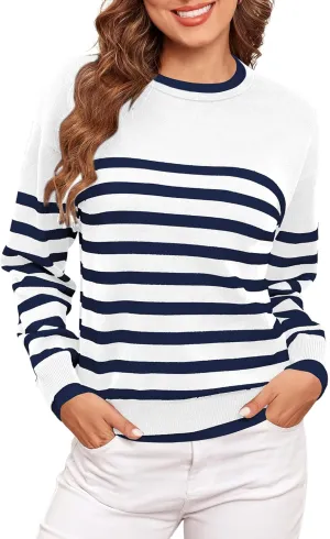 ZAFUL Women's Crewneck Sweaters Striped Colorblock Casual Pullover 2024 Fall Ribbed Knit Tops