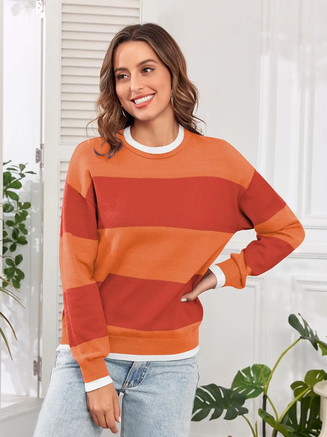 ZAFUL Women's Crewneck Sweaters Striped Colorblock Casual Pullover 2024 Fall Ribbed Knit Tops