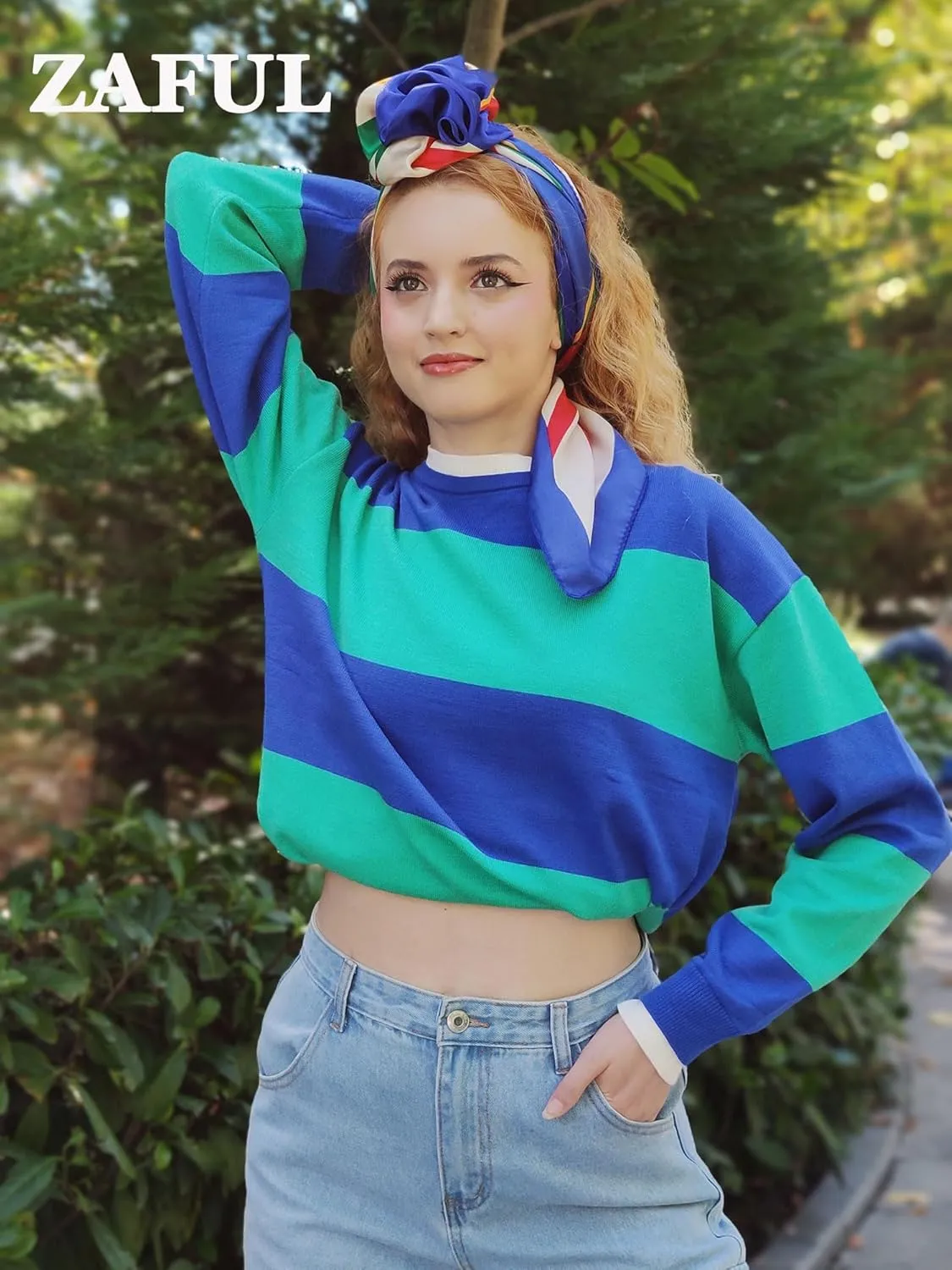 ZAFUL Women's Crewneck Sweaters Striped Colorblock Casual Pullover 2024 Fall Ribbed Knit Tops