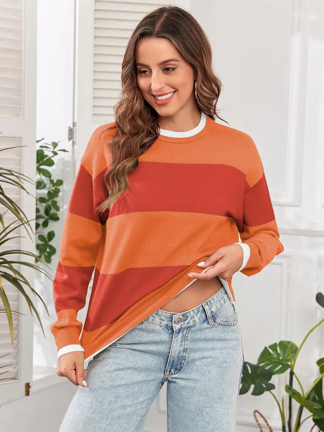 ZAFUL Women's Crewneck Sweaters Striped Colorblock Casual Pullover 2024 Fall Ribbed Knit Tops
